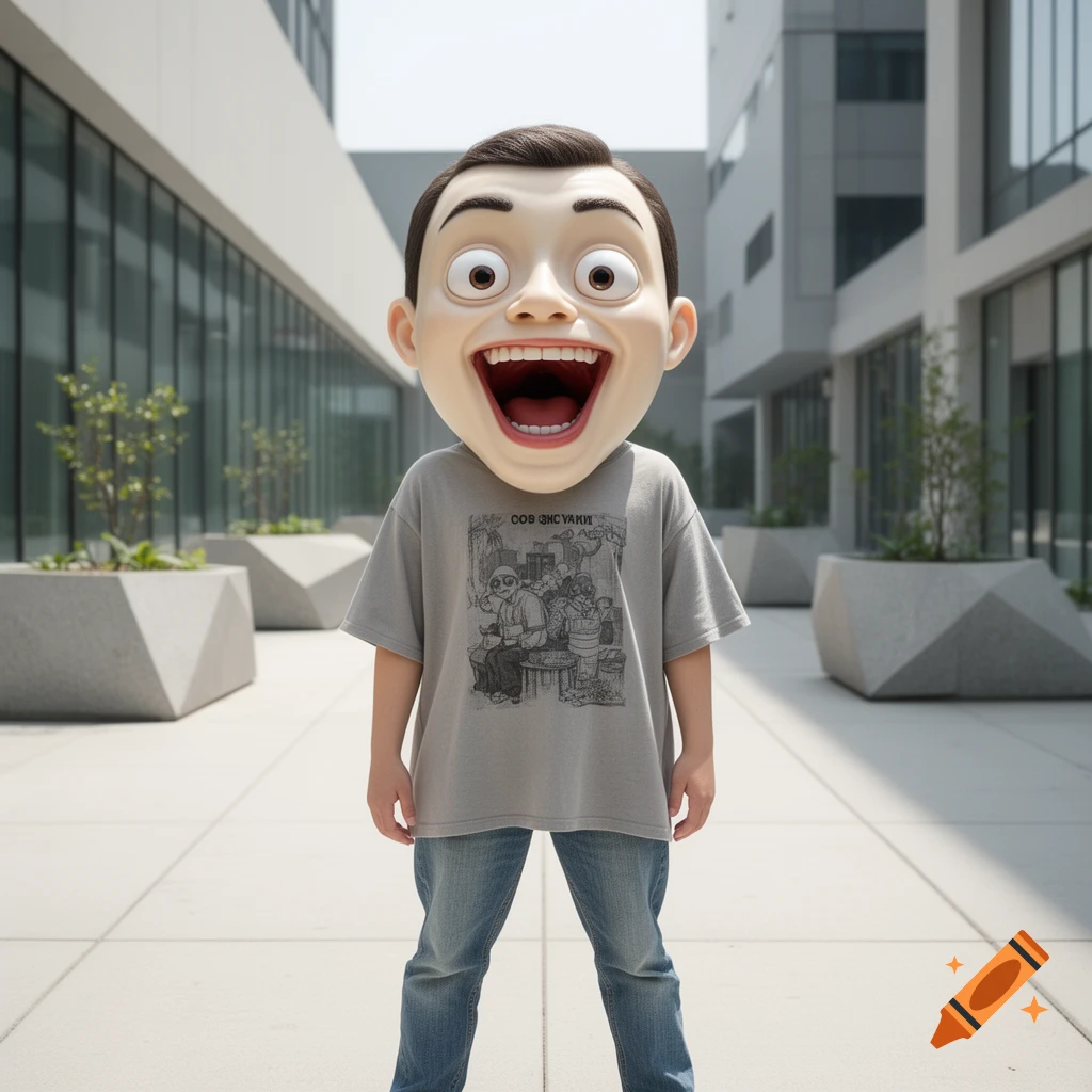 A cartoonish figure with a giant, exaggerated screaming head and wide eyes stands in an urban plaza, wearing a gray t-shirt and jeans.
