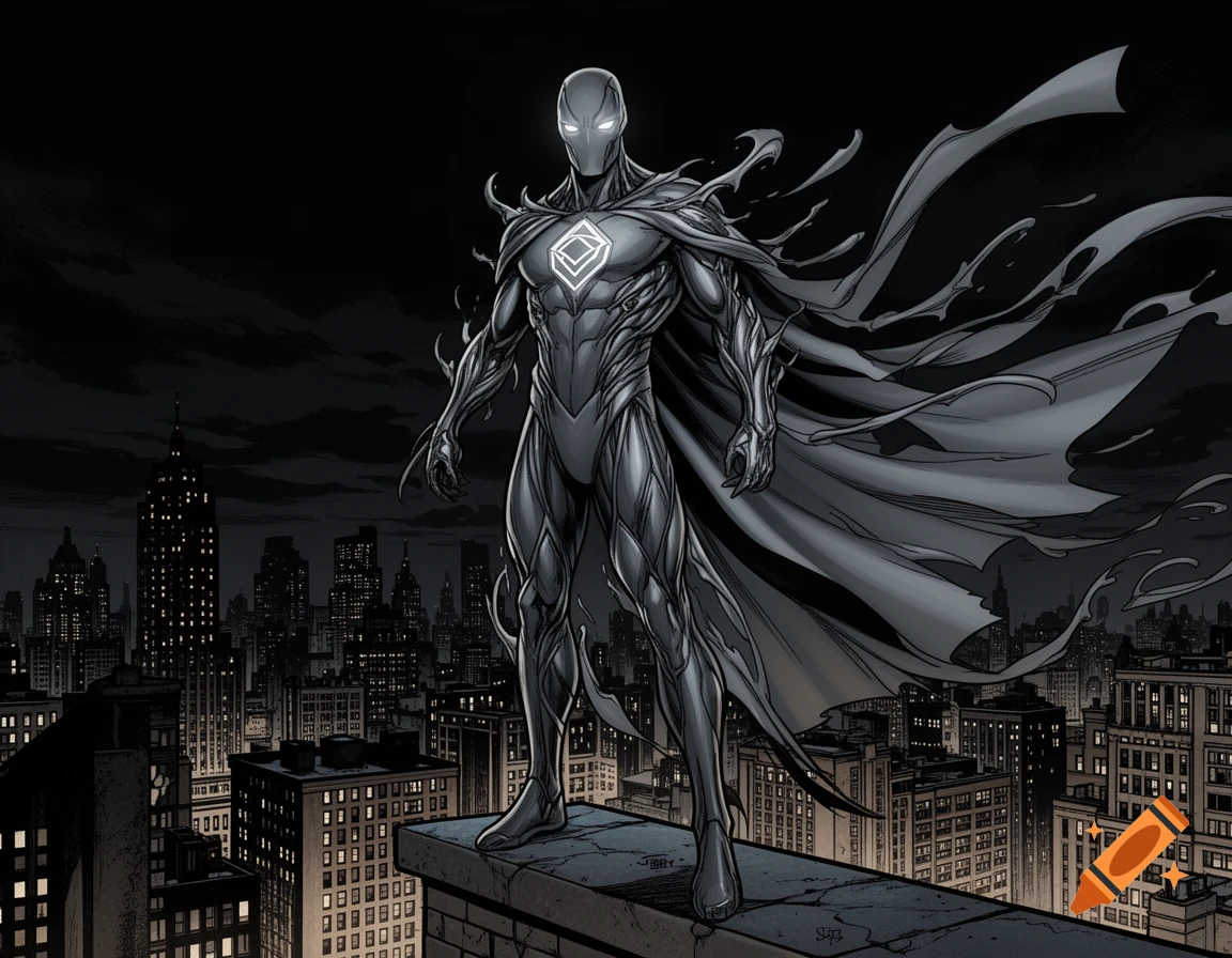 The Adaptive Wraith superhero in a charcoal-gray suit and flowing cape stands on a rooftop overlooking a dark city at night in a comic-book style.