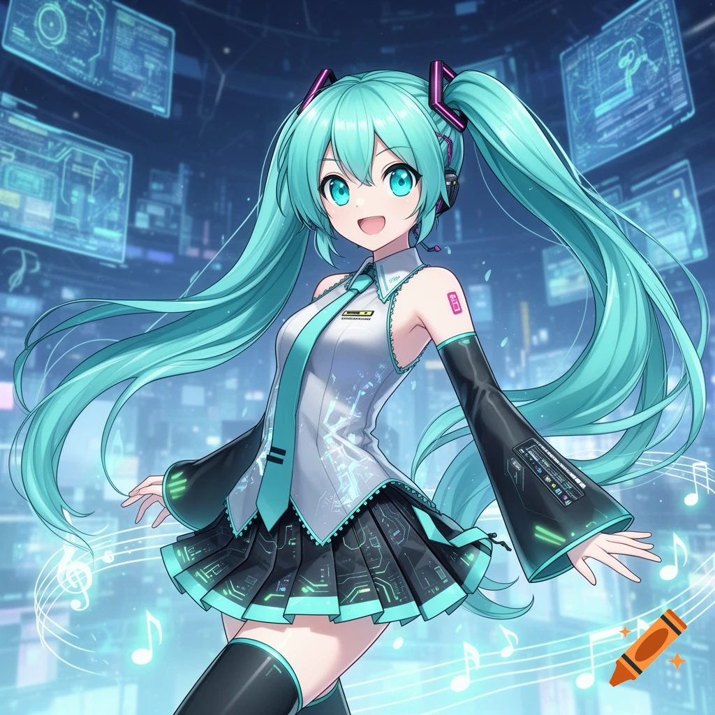 An anime character, Hatsune Miku, with long teal pigtails, a white shirt, teal tie, and dark pleated skirt, standing in a futuristic city with glowing screens and musical notes.