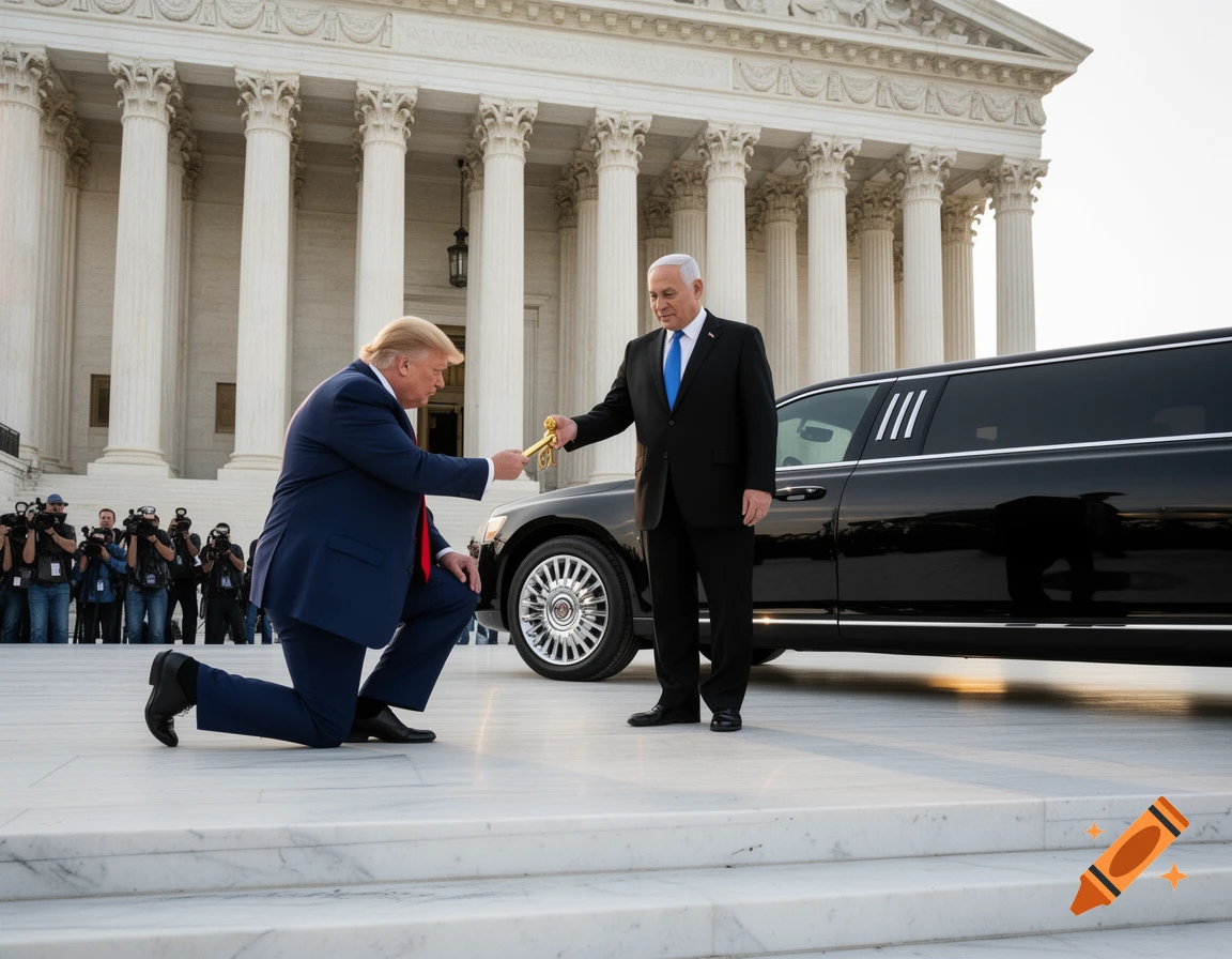 Donald Trump kneels, handing a golden key to Benjamin Netanyahu next to a limousine, in front of a grand columned building.