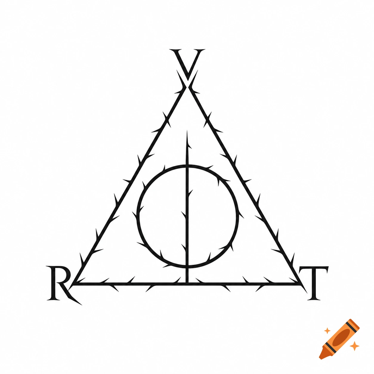 A black outline symbol resembling the Harry Potter Deathly Hallows with spiky thorn-like edges, featuring the letter V at the top, R at the bottom left, and T at the bottom right.