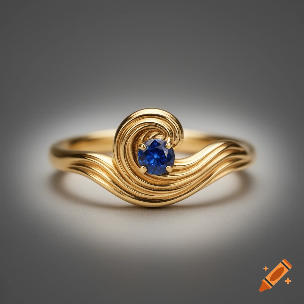 A gold ring with a flowing wave design, featuring a round, brilliant blue sapphire gemstone.
