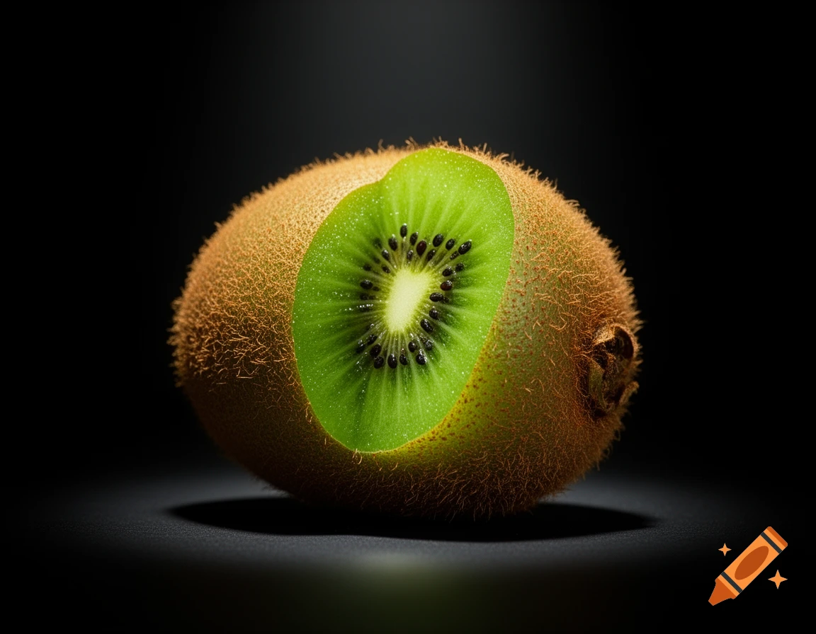 A photorealistic close-up of a kiwi fruit with a slice removed, revealing its green flesh and black seeds, on a dark background.