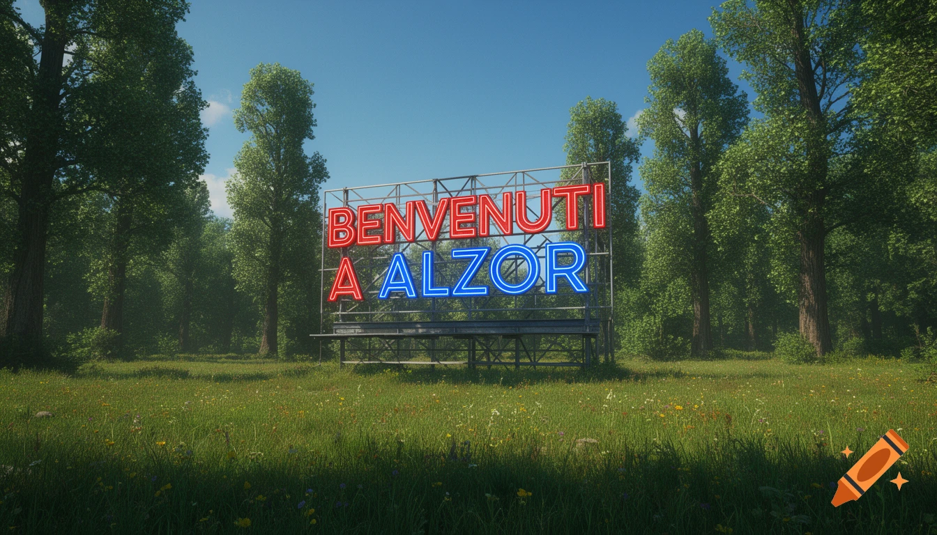 Photorealistic image of a neon billboard displaying 'BENVENUTI A ALZOR' in a sunny field surrounded by green trees.