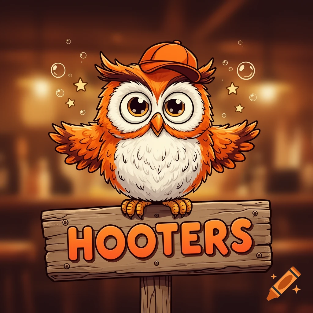 Cartoon orange and white owl with an orange baseball cap sits on a wooden 'HOOTERS' sign, with stars and bubbles.