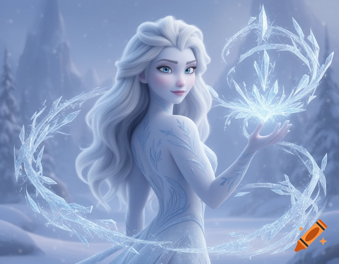 A white-haired female character in a snowy landscape creating ice magic, rendered in a 3D animation style.
