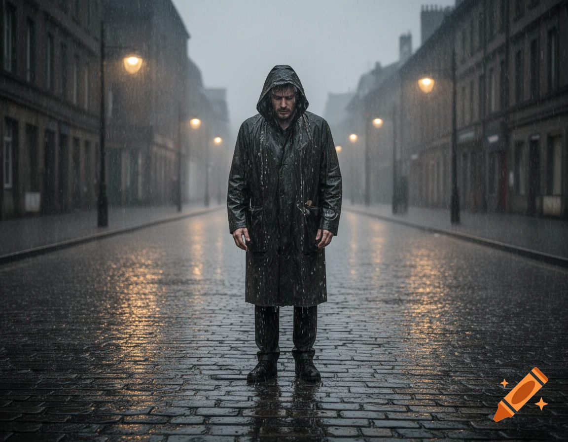 A man in a dark hooded raincoat stands alone in the middle of a wet, cobblestone street during a rainstorm at dusk.