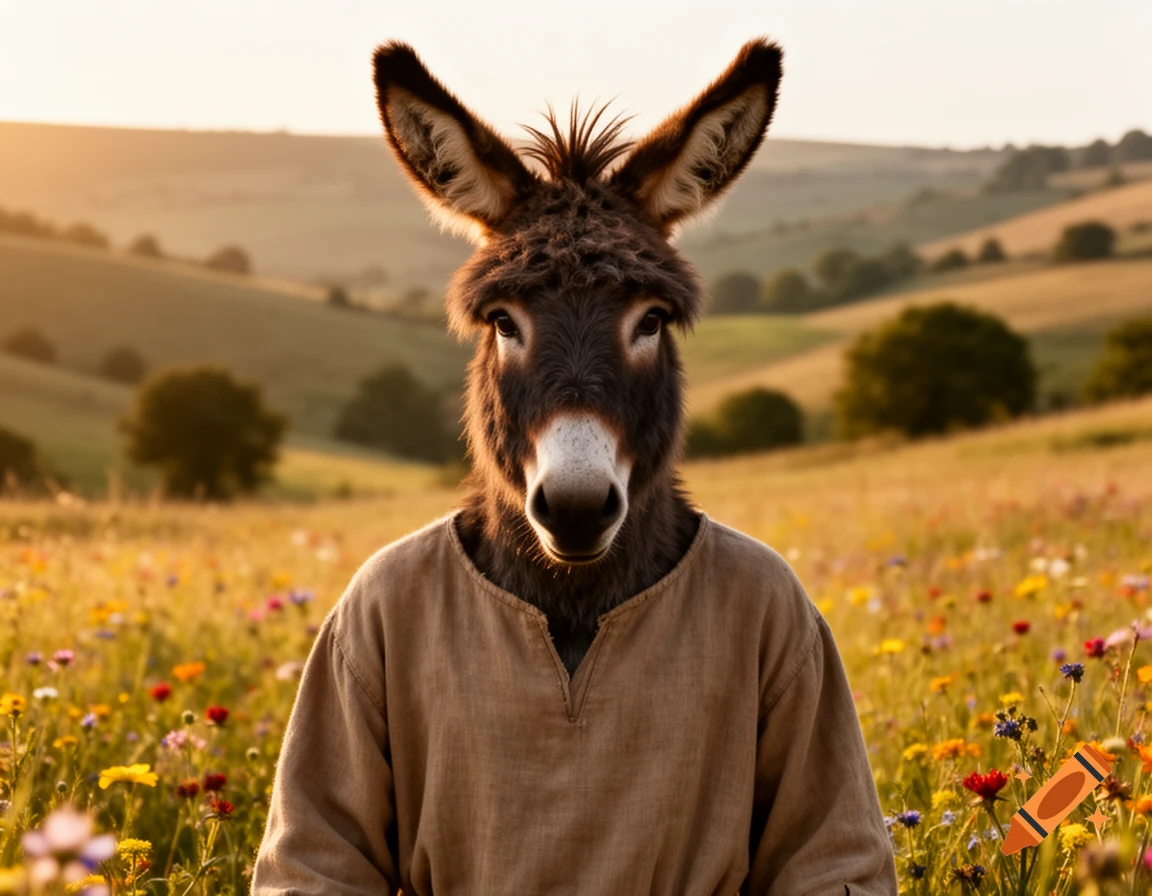 Photorealistic humanoid donkey in a brown tunic stands in a sunlit field of wildflowers with rolling hills at sunset.