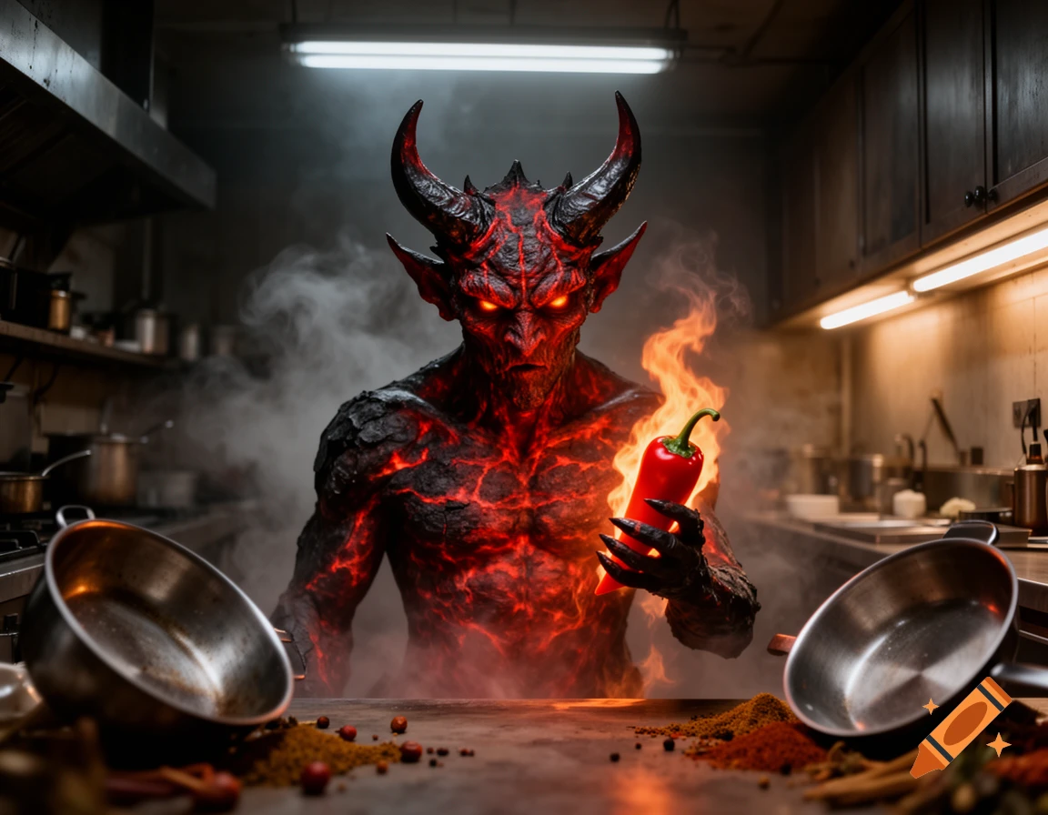 A red-skinned demon with glowing eyes stands in a smoky kitchen, holding a flaming chili pepper, surrounded by spices and cookware.