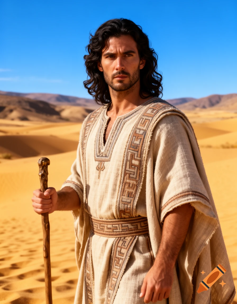 Photorealistic portrait of a man in traditional attire with long dark hair, holding a staff in a sunny desert with mountains.