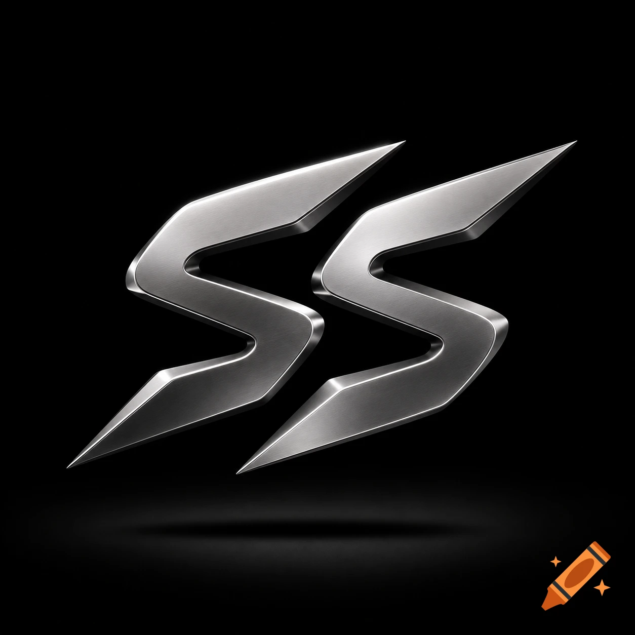 A 3D metallic brushed silver 'Ss' logo with sharp edges, casting a subtle shadow on a dark black background.
