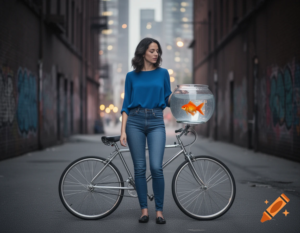 A woman in blue stands on an urban street next to a bicycle with a goldfish in a bowl attached.