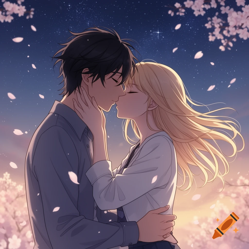 An anime couple kisses under a starry sky with cherry blossoms falling around them.
