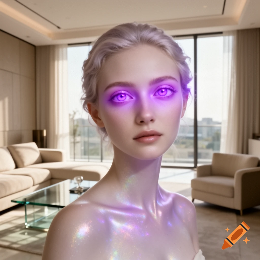 A woman with glowing purple eyes and shimmering, iridescent skin stands in a modern apartment, looking forward.