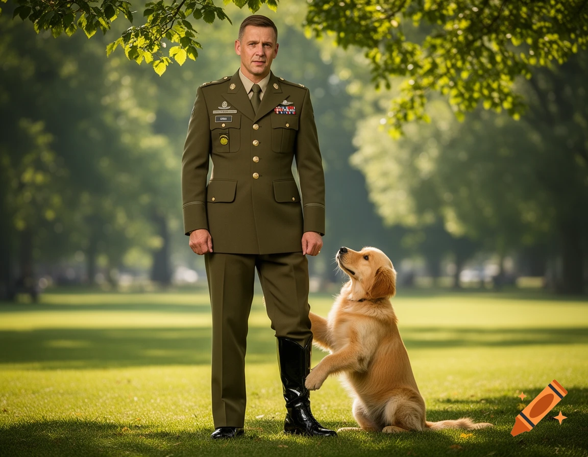A photorealistic image of a military man in a green uniform standing in a park as a golden retriever puppy paws his leg.
