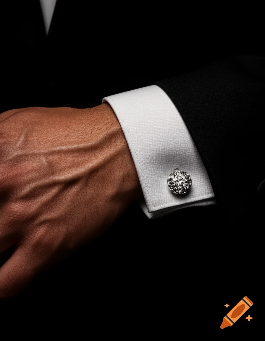 Close-up of a man's arm in a black tuxedo and white shirt cuff with a decorative silver cufflink.