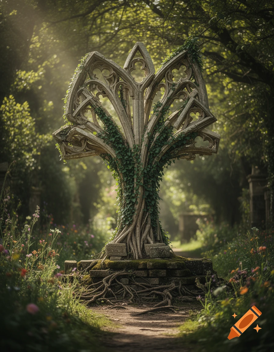 A mystical, ivy-covered stone sculpture, resembling a tree from gothic window pieces, stands on a sunlit forest path with roots.