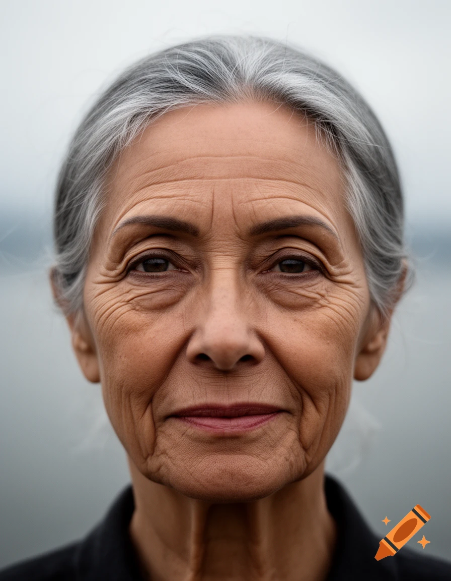 Close-up photorealistic portrait of an elderly woman with gray hair and many wrinkles, looking directly at the viewer.