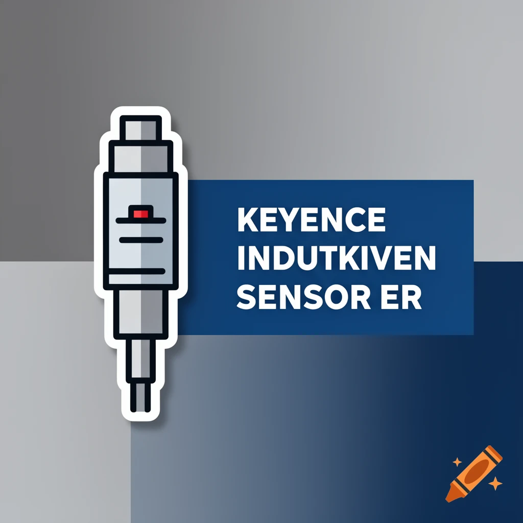 Illustration of a gray sensor with a red light next to a blue banner with white text 'KEYENCE INDUTKIVEN SENSOR ER' on a gray background.