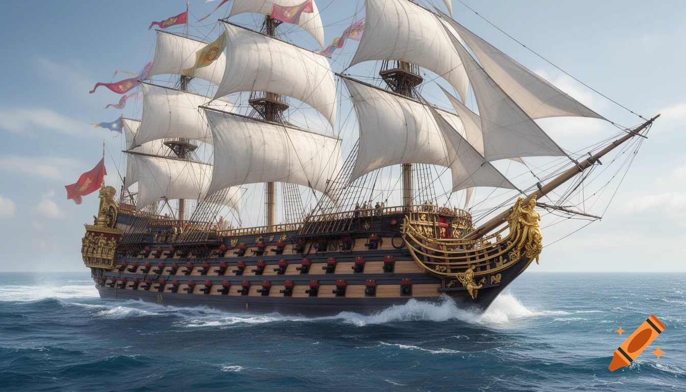 A majestic, ornate 18th-century warship with many white sails, featuring gold detailing and multiple cannon decks, sails on open blue waters.