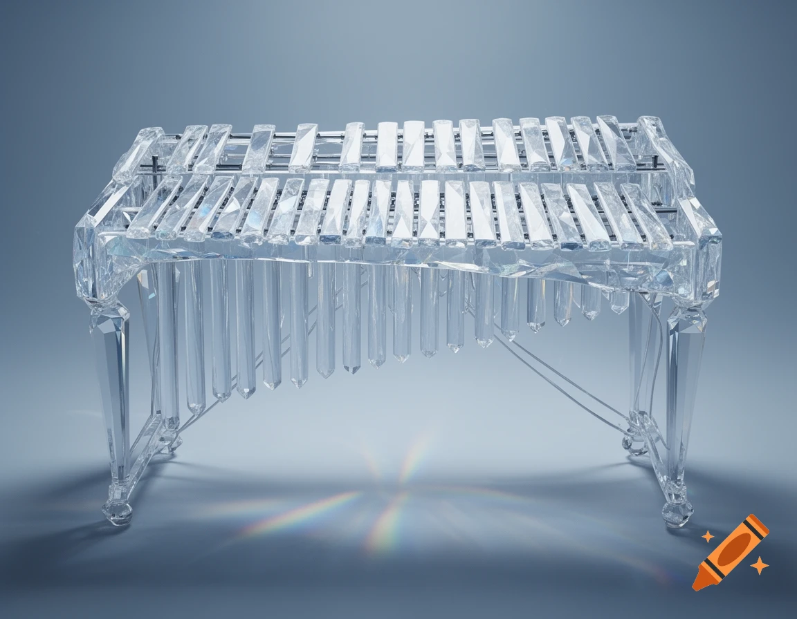A crystal vibraphone with faceted surfaces and transparent resonators, reflecting light on a muted blue-grey background.