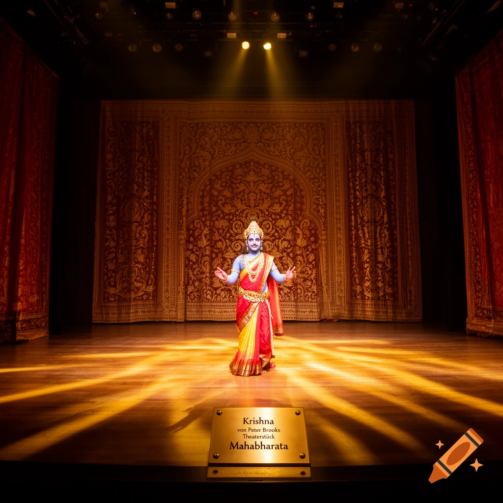 A performer dressed as Krishna, with blue skin and ornate red and gold attire, stands on a spotlight-bathed stage. A plaque on the floor reads "Krishna von Peter Brooks Theaterstück Mahabharata".