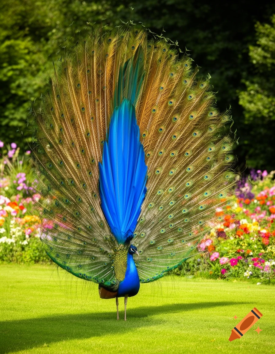A vibrant peacock displays its fanned blue and golden-brown tail feathers on bright green grass in a lush garden.