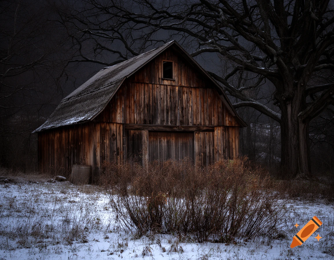 An old weathered wooden barn stands in a snowy, dark winter landscape with bare, ancient trees and wild bushes.