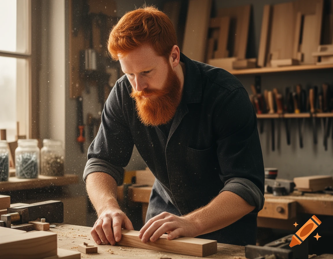 A red-headed bearded man covered in sawdust works with wood in a sunlit workshop.