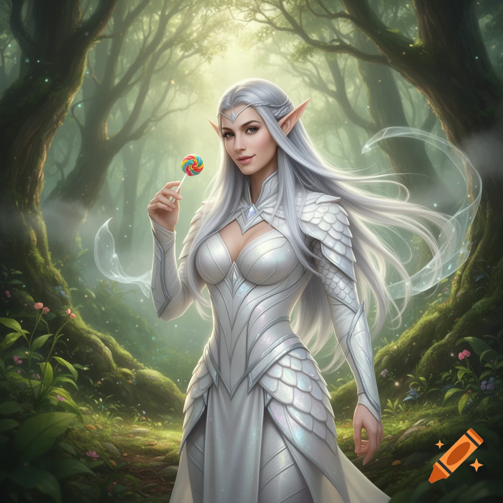 A silver-haired female elf in white scale armor holds a colorful lollipop in a vibrant fey forest.