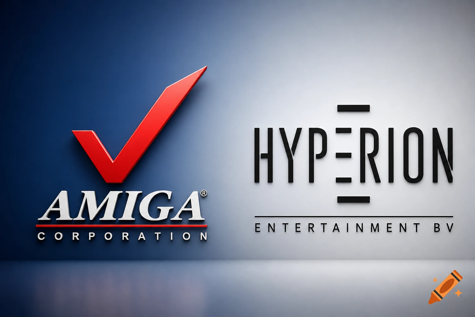 3D rendered logos for Amiga Corporation and Hyperion Entertainment BV side-by-side on a gradient background.
