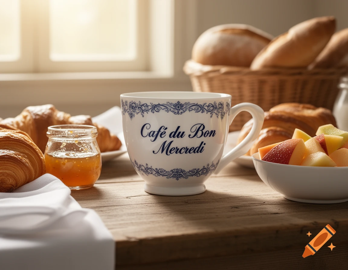 Close-up of a French breakfast on a wooden table with a coffee mug, croissants, fruit, and jam, bathed in warm light.