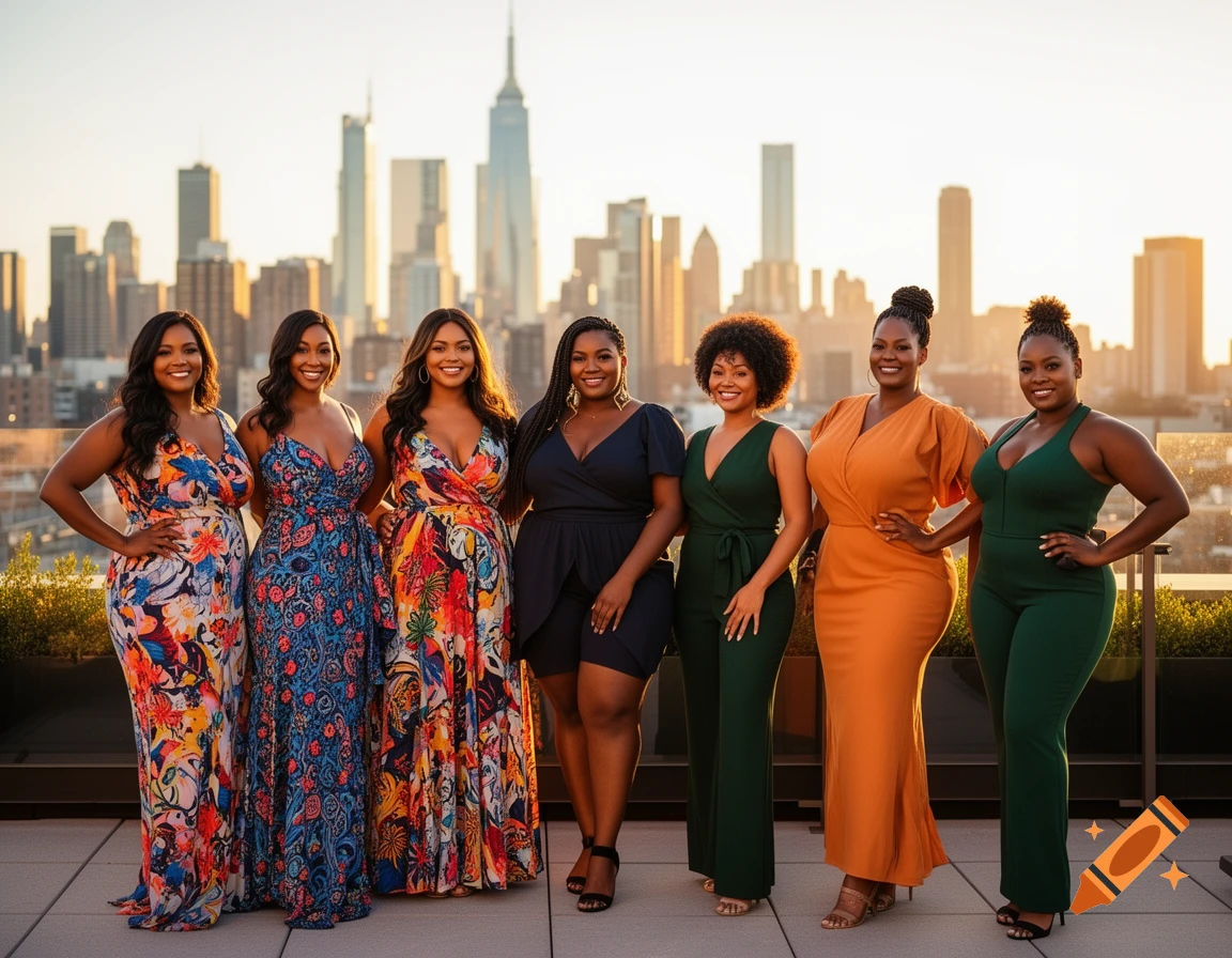 Six diverse women in colorful dresses and jumpsuits pose on a rooftop with a city skyline at sunset.