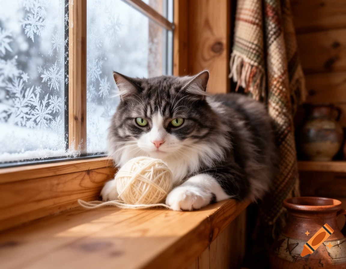 A fluffy gray and white cat with green eyes lies on a wooden windowsill next to a ball of yarn, looking towards the viewer. Snowflakes frost the window behind it.