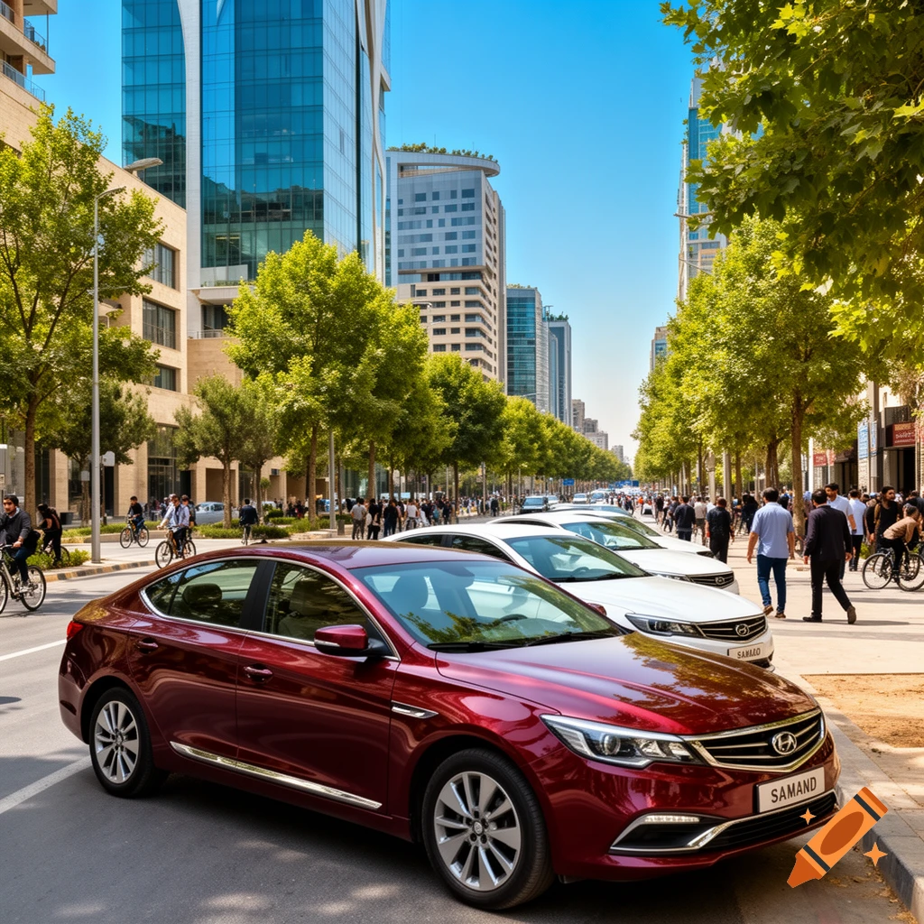 A photorealistic busy city street with modern high-rise buildings and trees. A red Samand sedan is parked in the foreground, with other cars and pedestrians.
