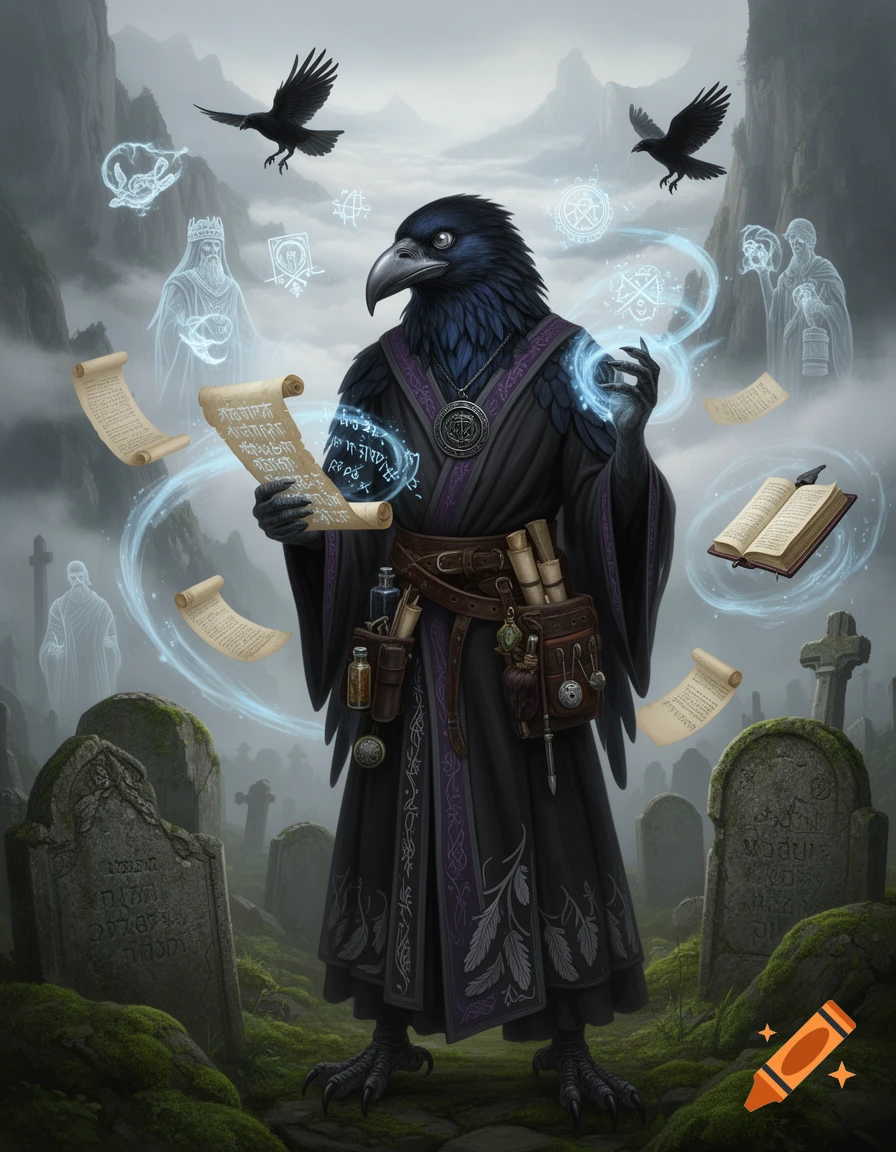 A humanoid raven wizard in dark robes holding a glowing scroll, surrounded by spectral figures and floating magic in a foggy cemetery.