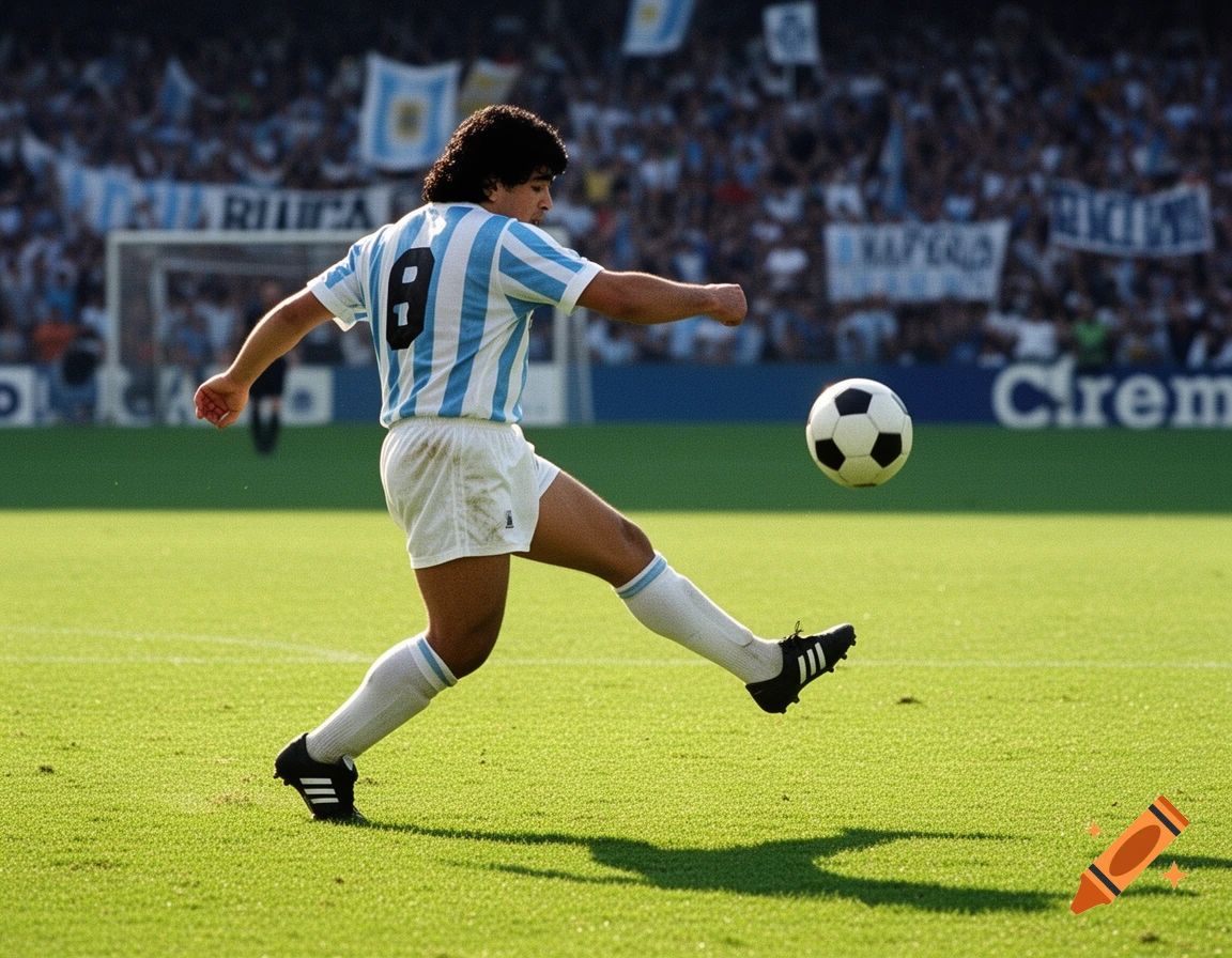 Maradona kicks a soccer ball on a sunny green field in a stadium, wearing an Argentinian jersey with the number 8.