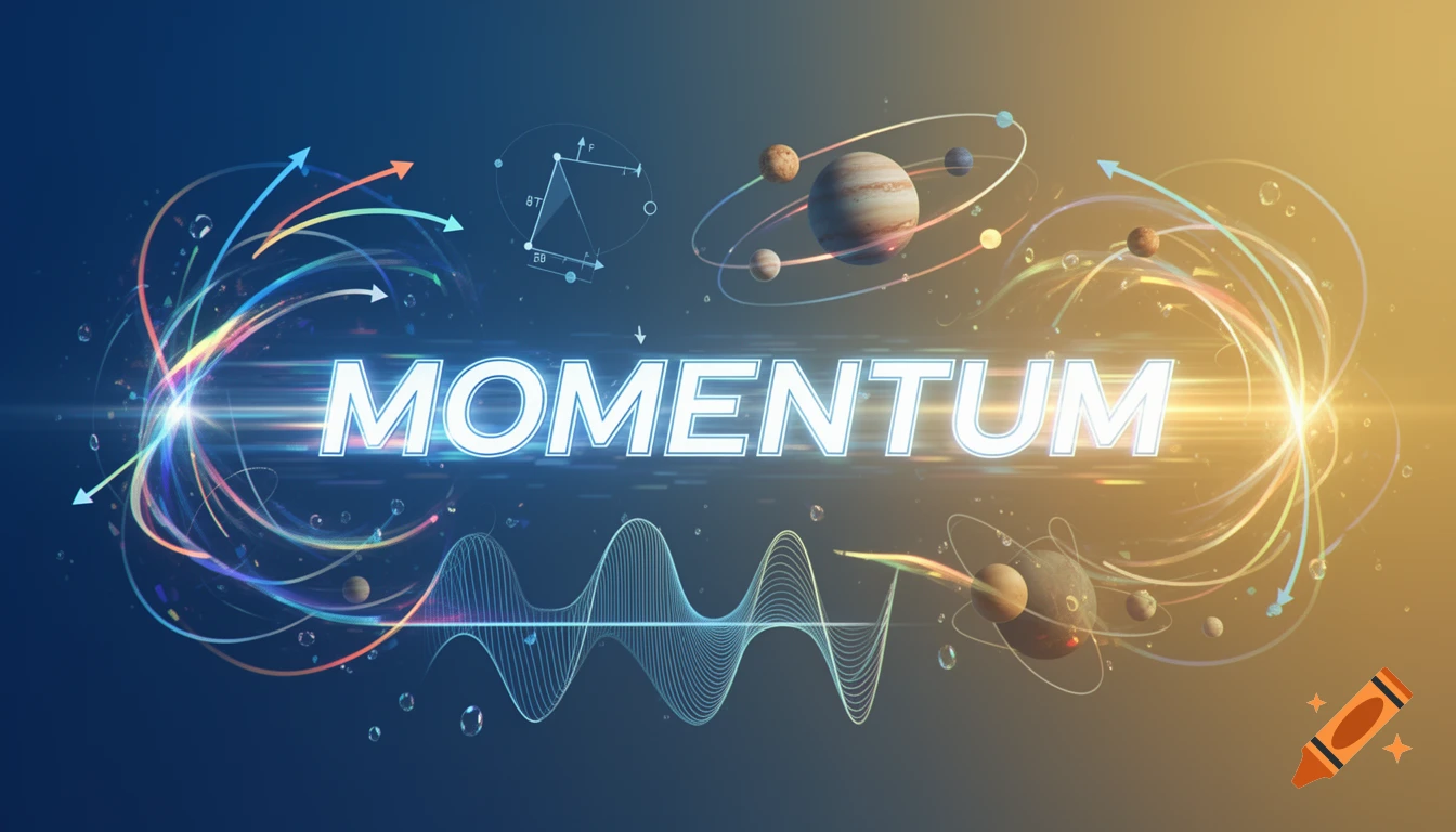 The word 'MOMENTUM' in glowing white, surrounded by planets, colorful light trails, and physics diagrams on a blue to gold gradient.