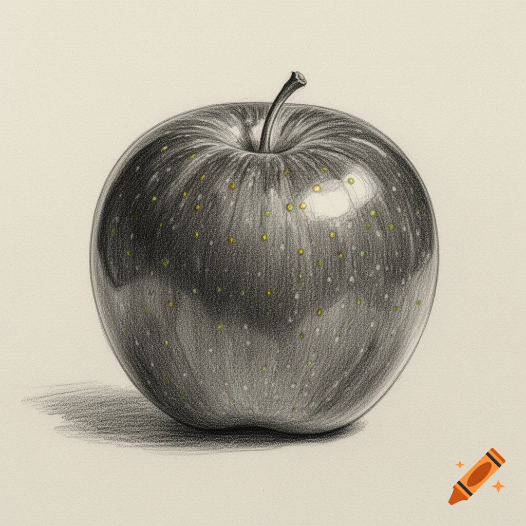Detailed pencil drawing of a dark, speckled apple with a stem, casting a shadow on a light background.