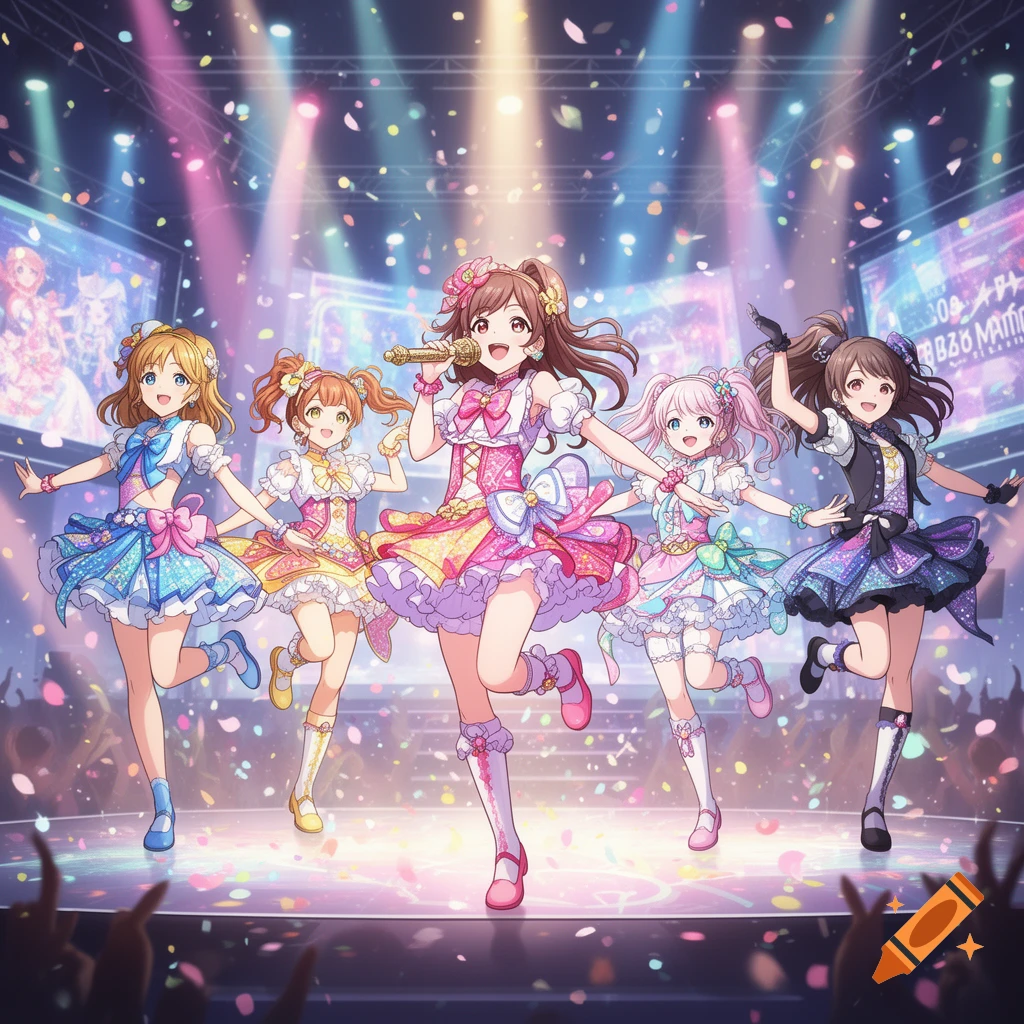 Five anime-style female idols perform on a brightly lit stage with confetti falling, wearing colorful, frilly outfits.