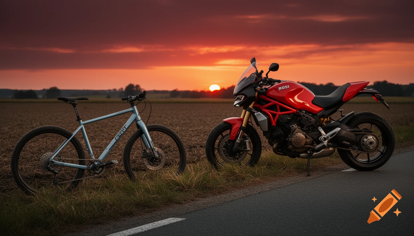 A light blue bicycle and a red motorcycle are parked side-by-side on the grassy edge of a road at sunset.