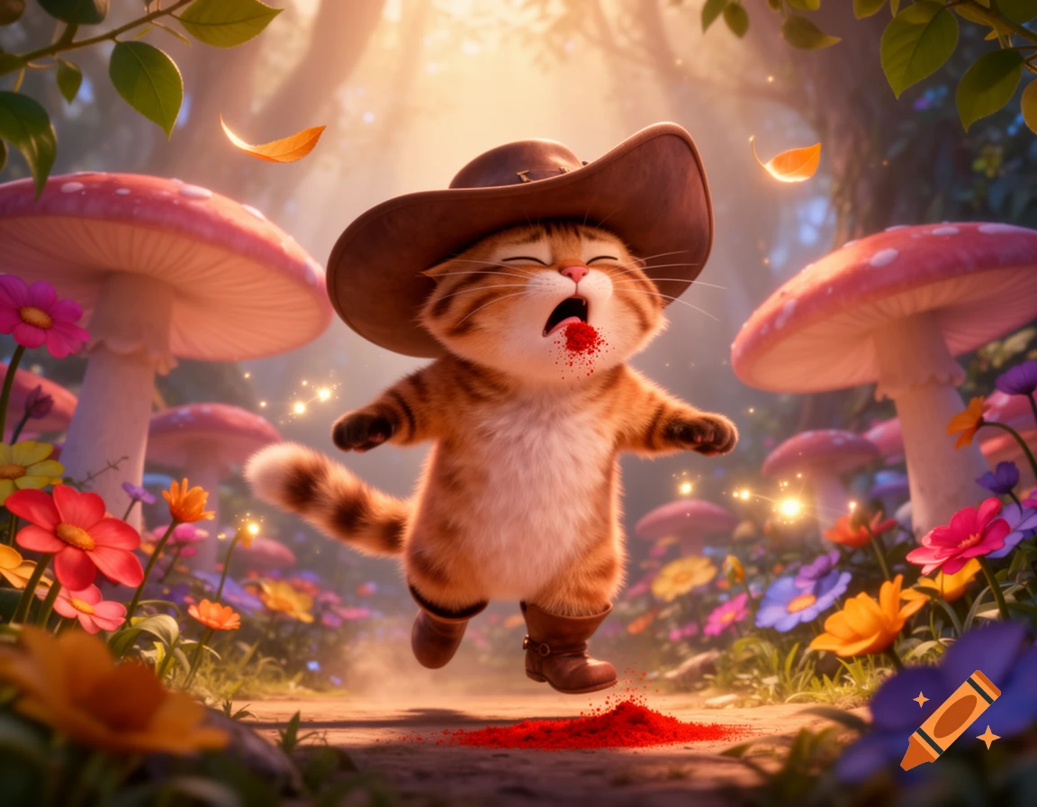 Puss in Boots, a cartoon cat in a cowboy hat and boots, sneezes red chili powder in a vibrant fantasy forest with large mushrooms and flowers.