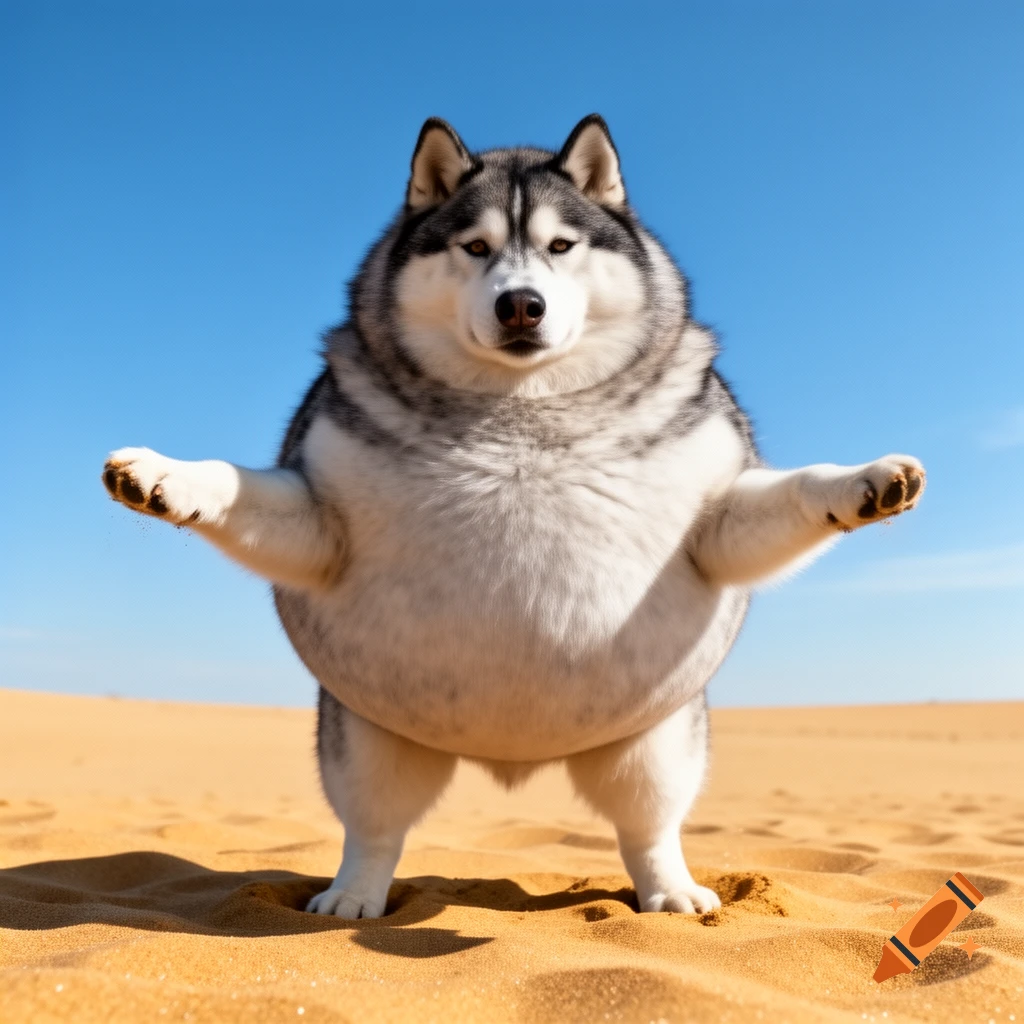 A super obese gray and white husky with a spherical body stands on sand with its paws extended under a blue sky.