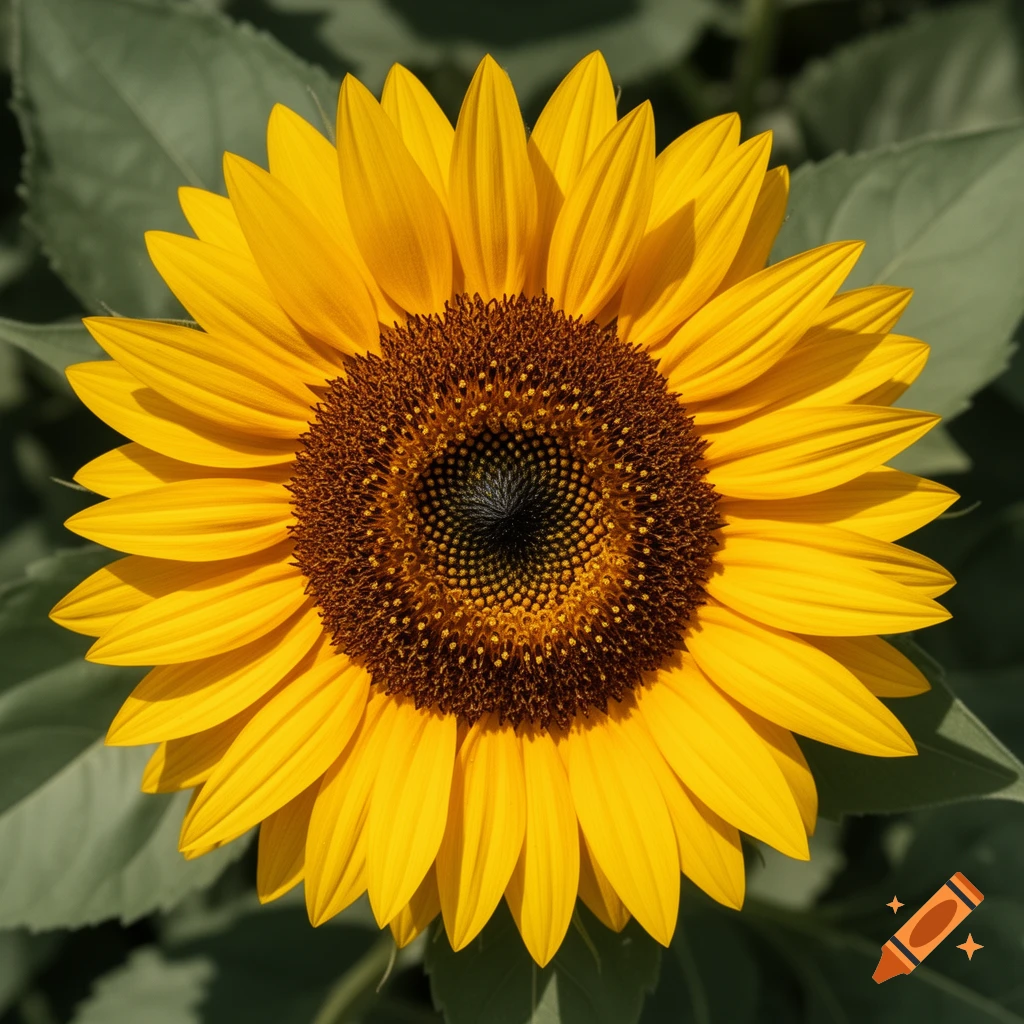 Close-up, top-down view of a vibrant yellow sunflower with a dark brown and black seed head, surrounded by green leaves.