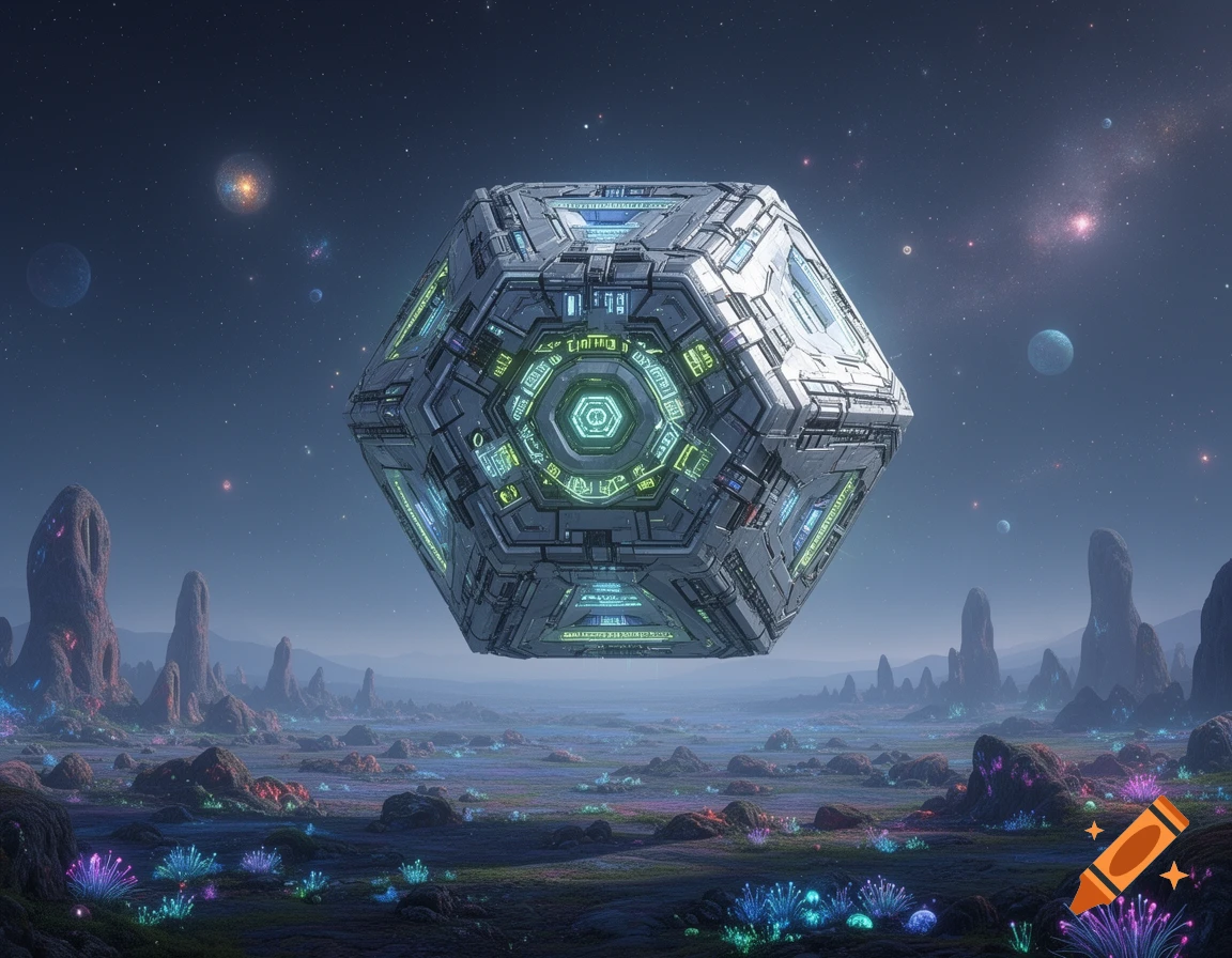 A detailed dodecahedron spaceship hovers above a vibrant alien landscape with glowing plants and distant planets in a starry sky.