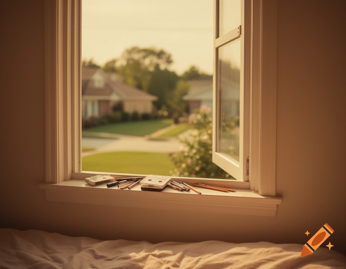 A dreamy, warm-toned view from a bedroom window overlooking suburbs, with cassette tapes and pencils on the sill.