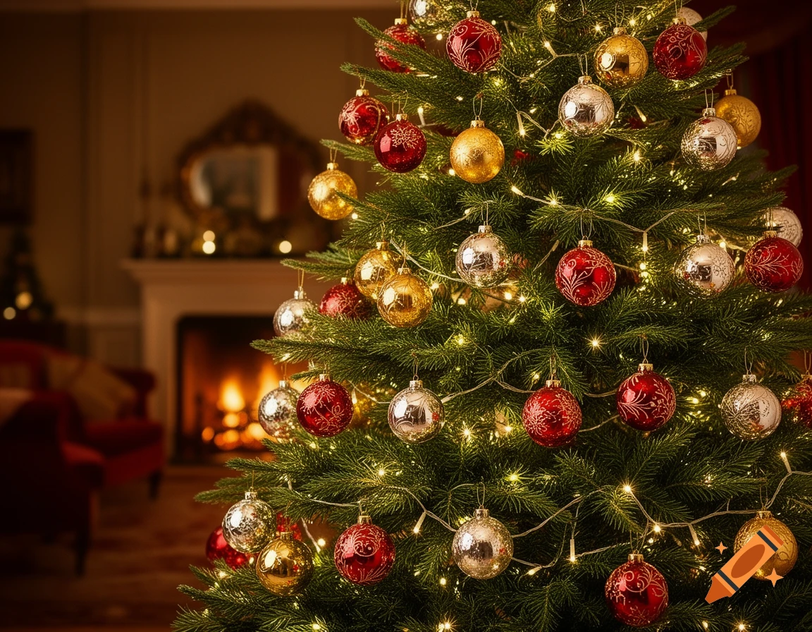 A festive Christmas tree decorated with red, silver, and gold ornaments and twinkling lights, with a blurred fireplace in the background.