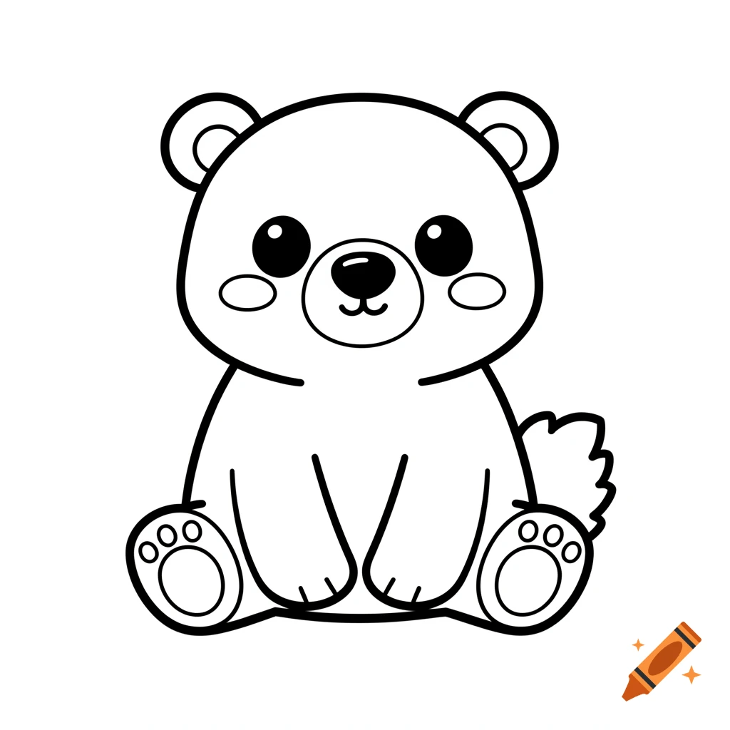 A simple, cute kawaii polar bear sitting, rendered as black outline art on a pure white background, ideal for a coloring page.