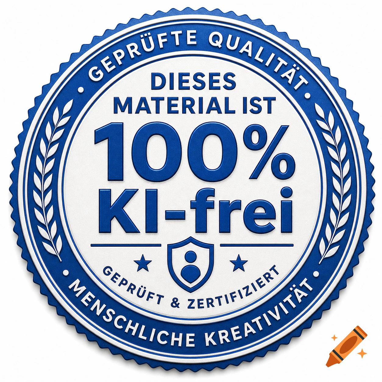 A blue and white circular seal with text that reads "GEPRÜFTE QUALITÄT", "DIESES MATERIAL IST 100% KI-frei", and "MENSCHLICHE KREATIVITÄT" along with a shield icon and stars.