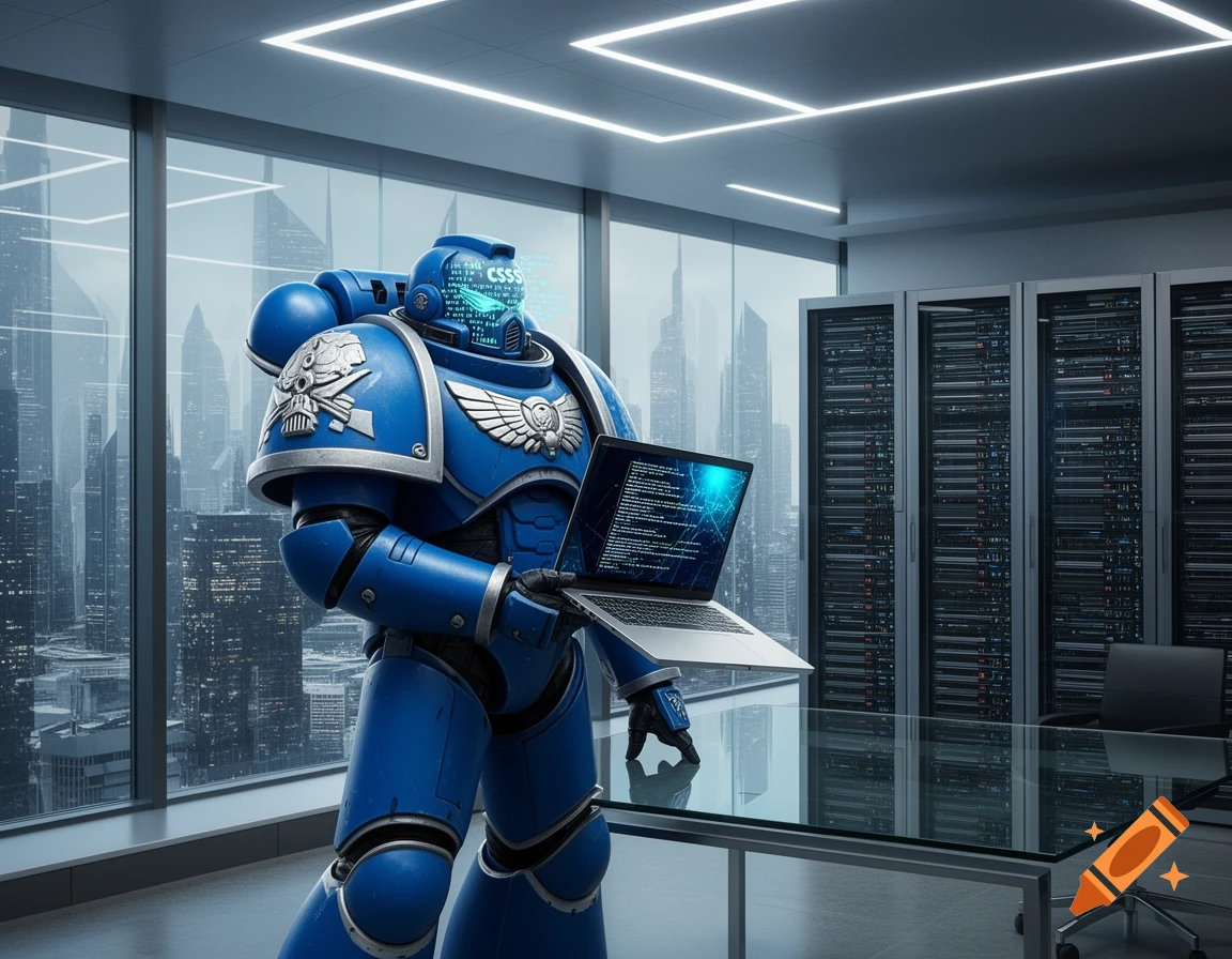 A blue Space Marine from Warhammer 40k in an office, holding a laptop with code on screen, cityscape visible.